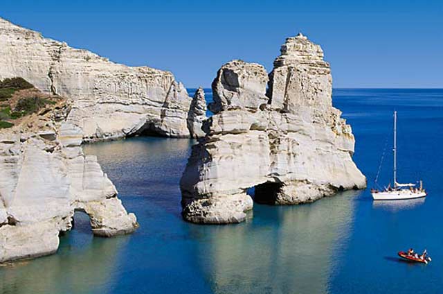 Kleftiko is located at the SW side of the island and access to it is possible by sea. A characteristic rock in the sea and a cave with two entries is the local landmark. MILOS PHOTO GALLERY - KLEFTIKO BEACH